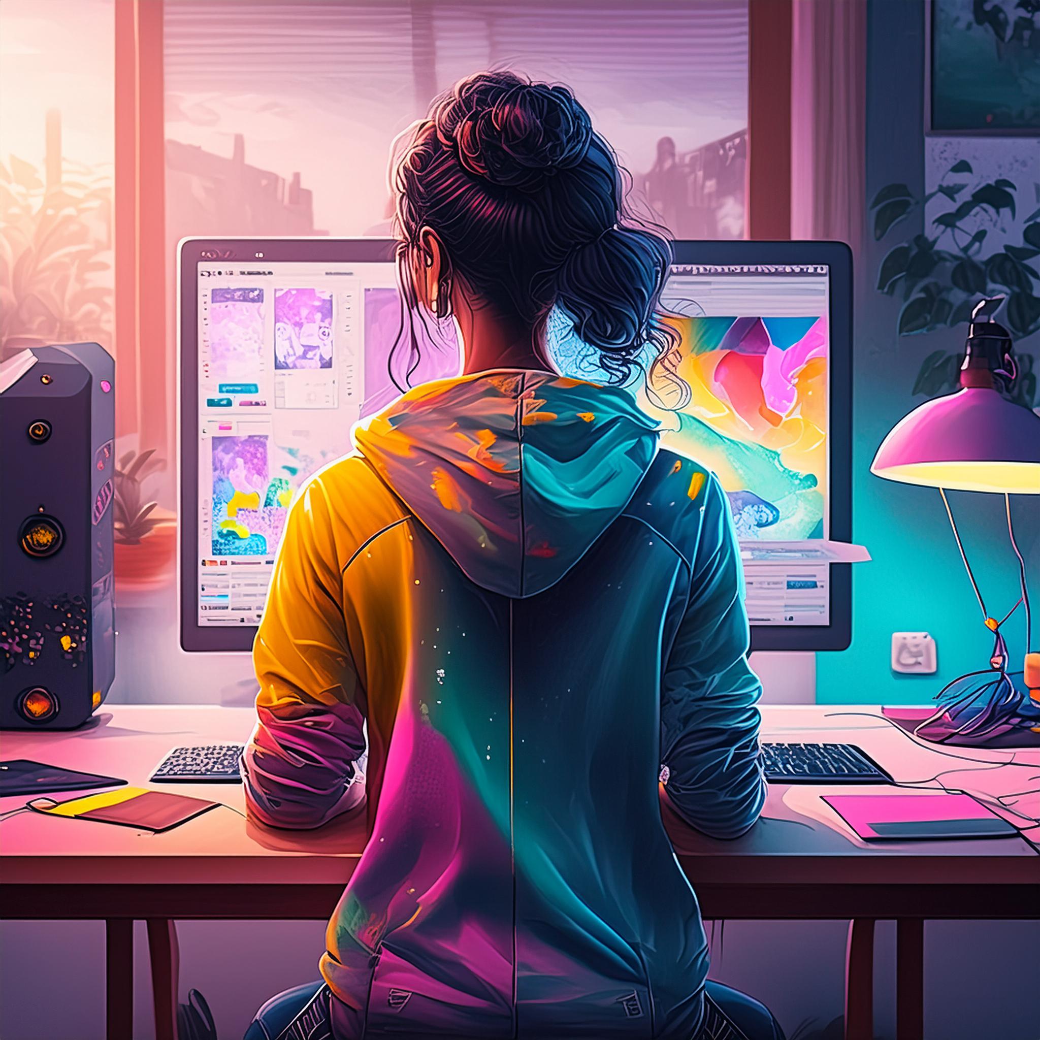 Firefly Black-haired Brazilian UX designer girl in front off her computer in a game studio , wide sh (2)