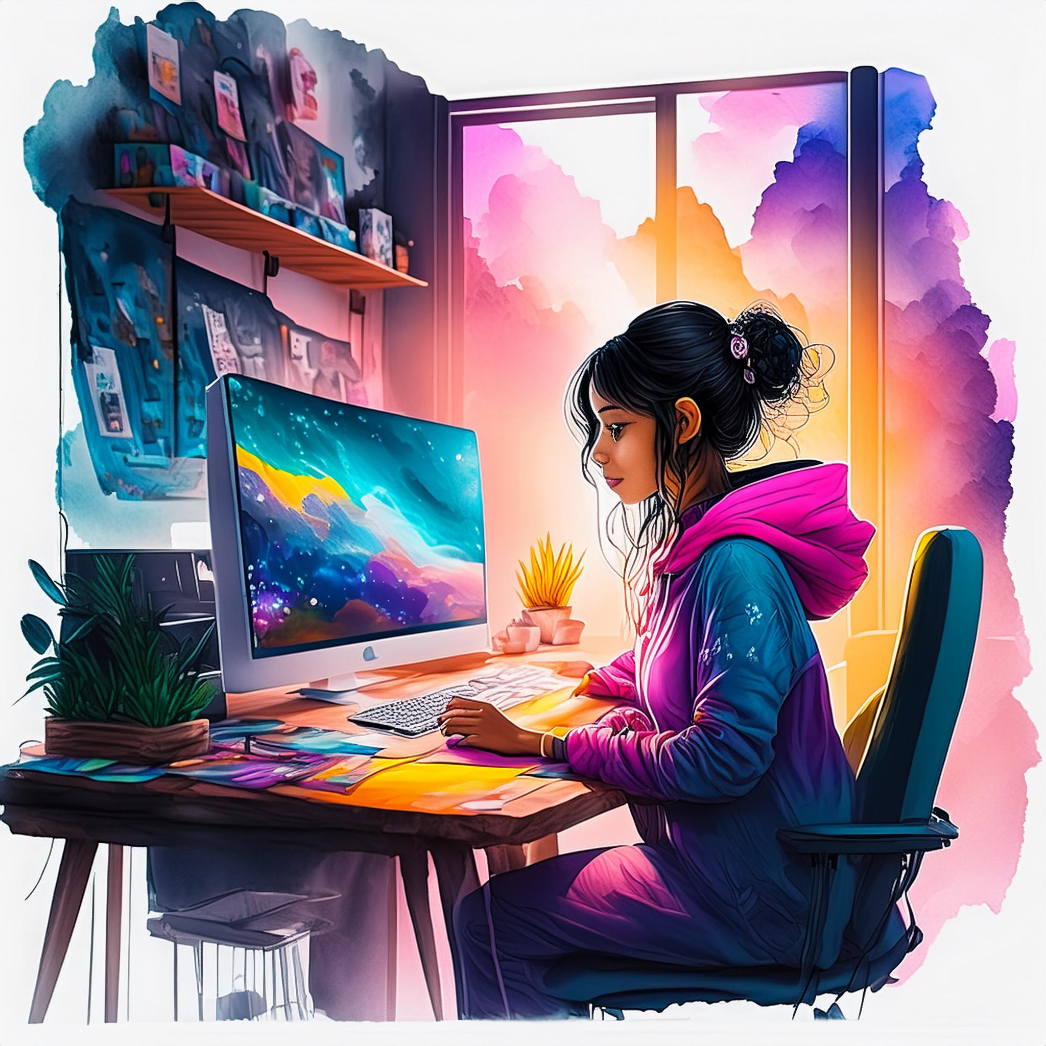 Firefly Black-haired Brazilian UX designer girl in front off her computer in a game studio , wide sh (3)