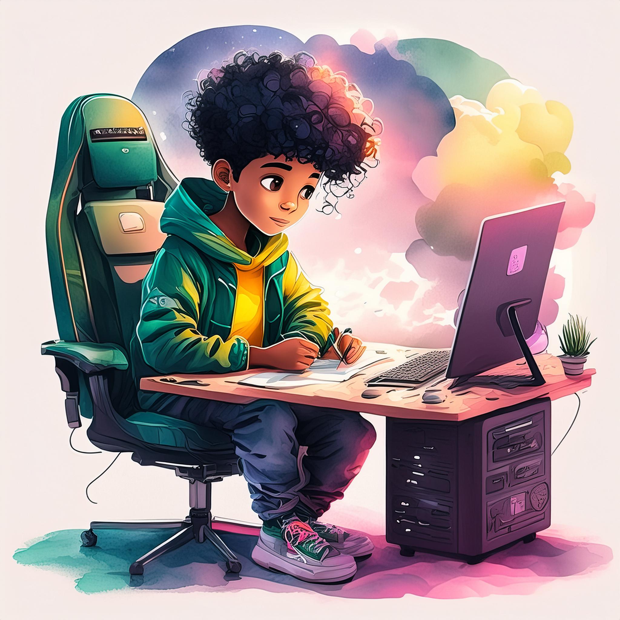 Firefly Black-haired Brazilian gamer design boy doing design thinking in a game studio, wide shot 63